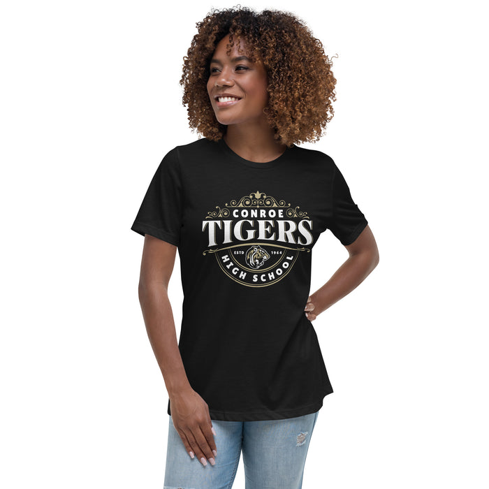 Woman wearing Conroe High School Tigers Women's Black T-shirt 211