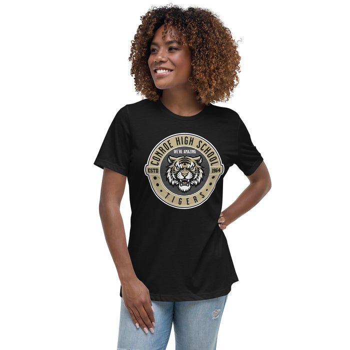 Woman wearing Conroe High School Tigers Women's Black T-shirt 224