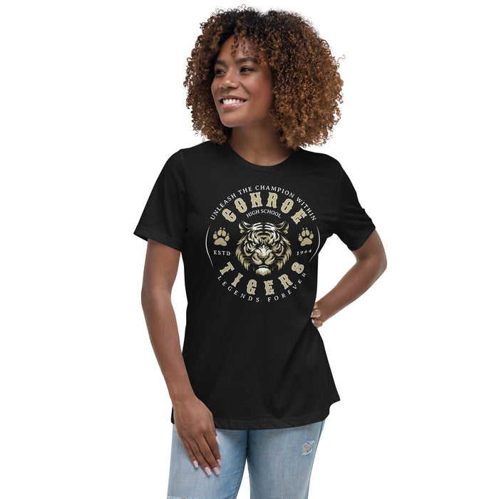 Woman wearing Conroe High School Tigers Women's Black T-shirt 214