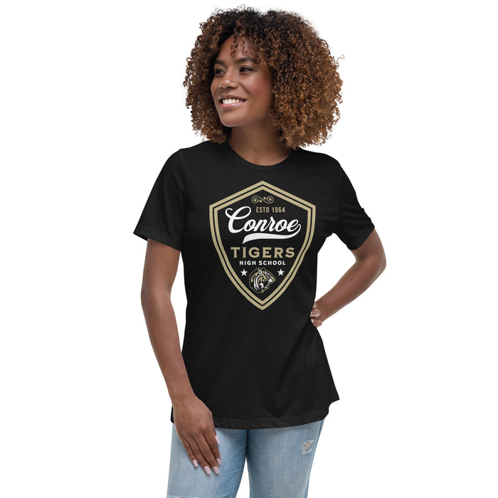 Woman wearing Conroe High School Tigers Women's Black T-shirt 225