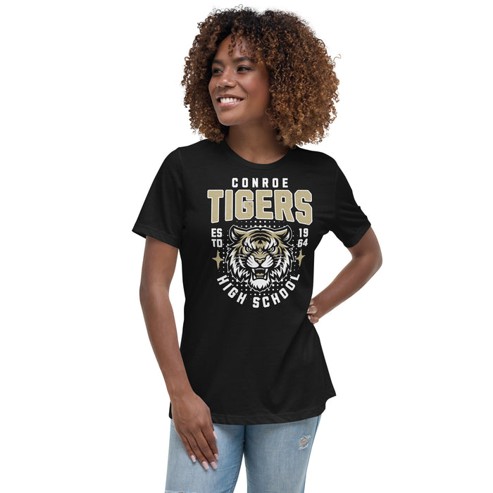 Woman wearing Conroe High School Tigers Women's Black T-shirt 204
