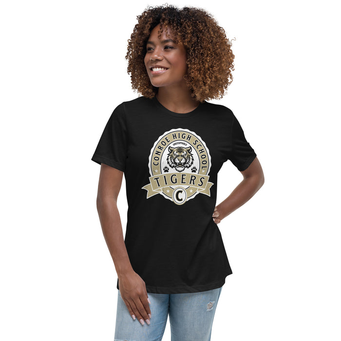 Woman wearing Conroe High School Tigers Women's Black T-shirt 212