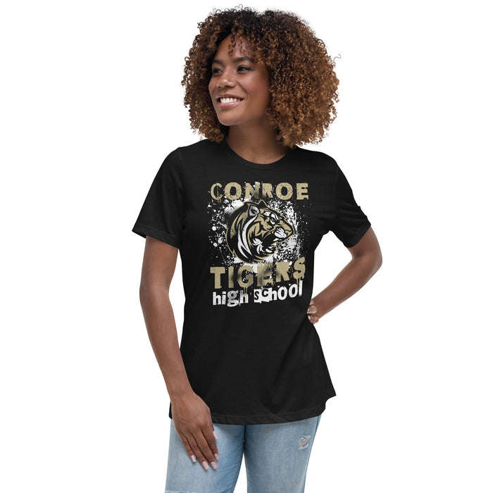 Woman wearing Conroe High School Tigers Women's Black T-shirt 205