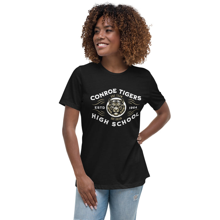 Woman wearing Conroe High School Tigers Women's Black T-shirt 230