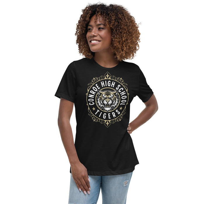 Woman wearing Conroe High School Tigers Women's Black T-shirt 227