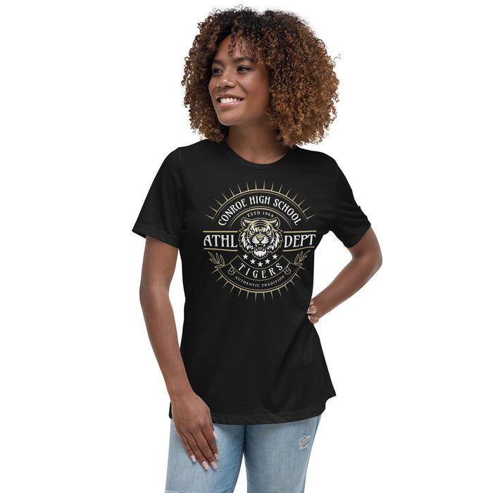 Woman wearing Conroe High School Tigers Women's Black T-shirt 201