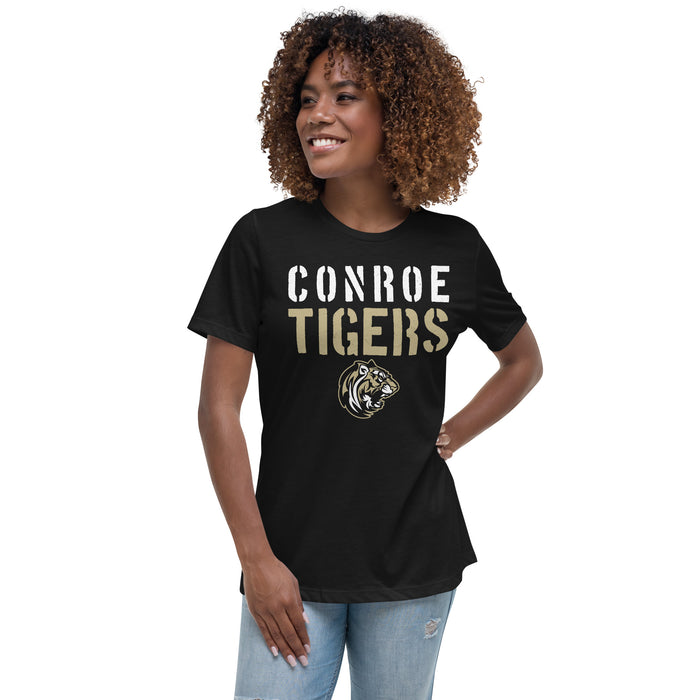 Woman wearing Conroe High School Tigers Women's Black T-shirt 017
