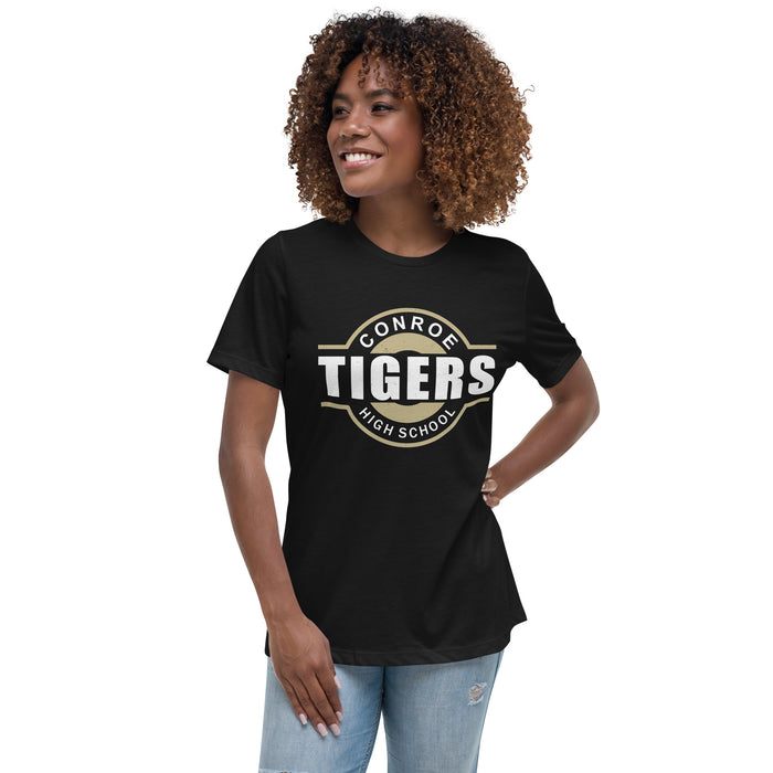 Woman wearing Conroe High School Tigers Women's Black T-shirt 011