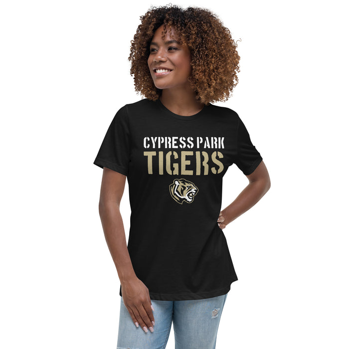 Woman wearing Cypress Park High School Tigers Women's Black T-shirt 017