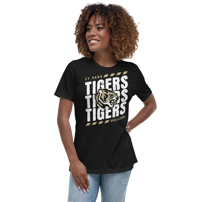 Woman wearing Cypress Park High School Tigers Women's Black T-shirt 223