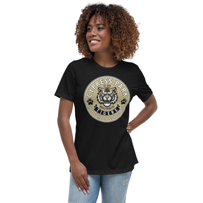 Woman wearing Cypress Park High School Tigers Women's Black T-shirt 215