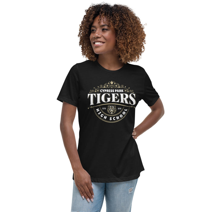 Woman wearing Cypress Park High School Tigers Women's Black T-shirt 211
