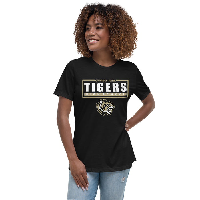 Woman wearing Cypress Park High School Tigers Women's Black T-shirt 049