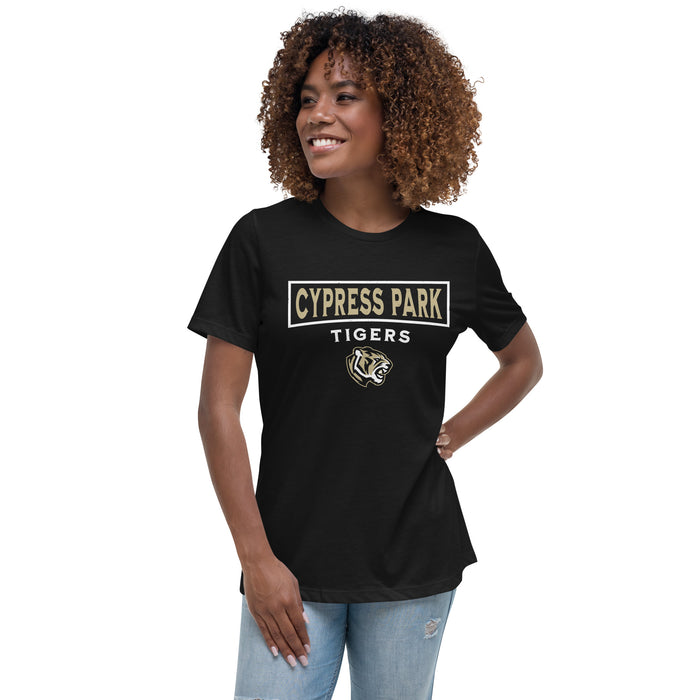 Woman wearing Cypress Park High School Tigers Women's Black T-shirt 202