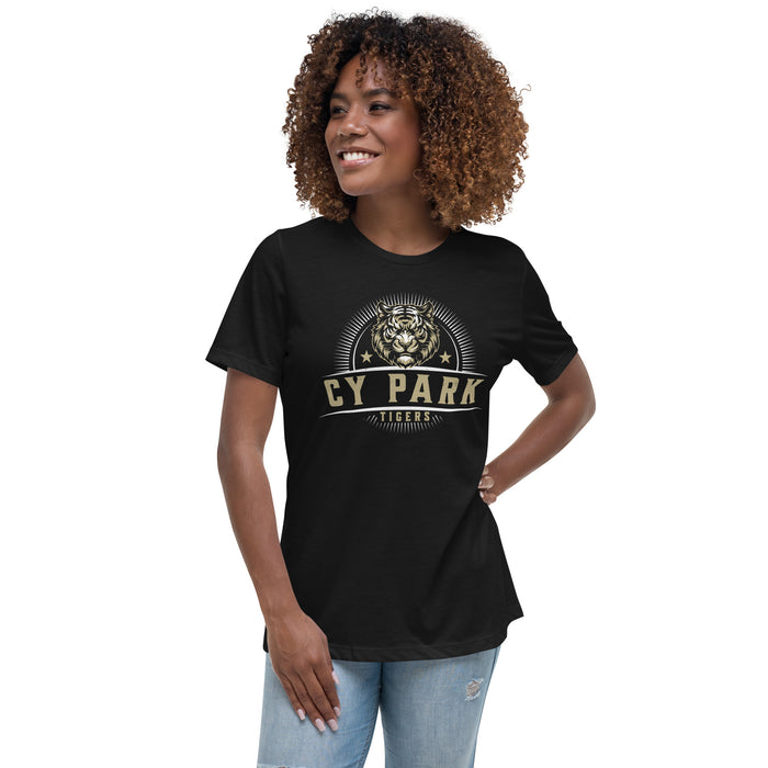 Woman wearing Cypress Park High School Tigers Women's Black T-shirt 221