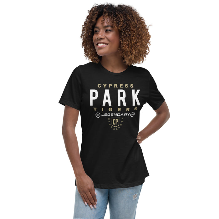 Woman wearing Cypress Park High School Tigers Women's Black T-shirt 003