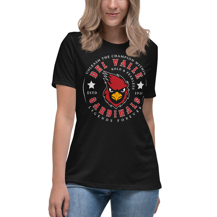Student wearing a Del Valle High School Cardinals Women's Black T-shirt 214