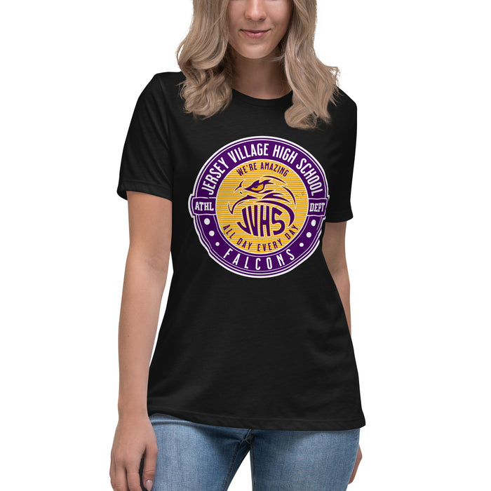 Woman wearing Jersey Village High School Falcons Women's Relaxed Fit T-shirt 224