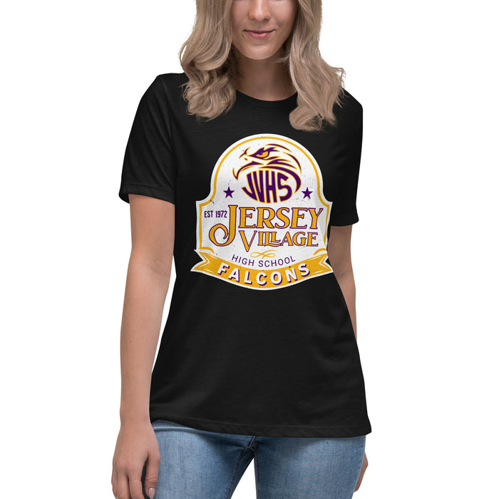Woman wearing Jersey Village High School Falcons Women's Relaxed Fit T-shirt 219
