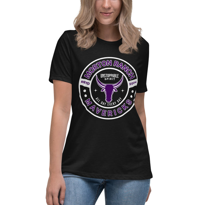 Student wearing Morton Ranch High School Mavericks Women's Relaxed Fit T-shirt 239