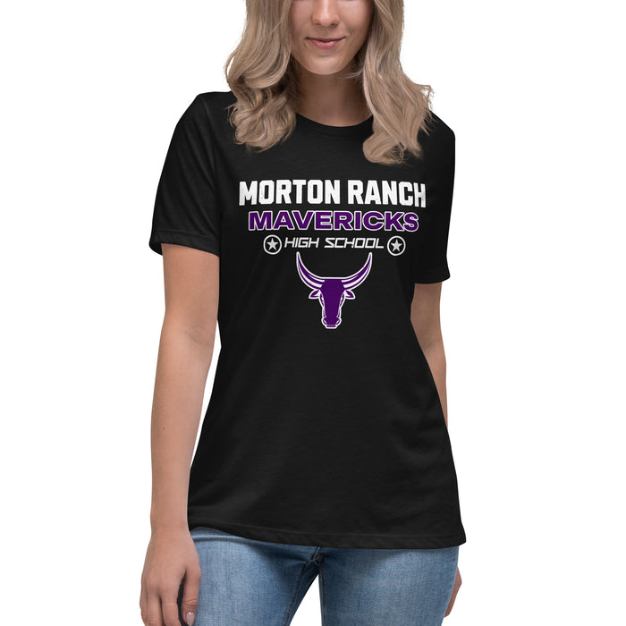 Student wearing Morton Ranch High School Mavericks Women's Relaxed Fit T-shirt 003