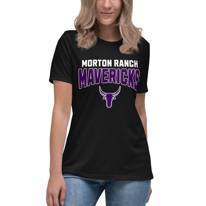 Lady wearing Morton Ranch High School Mavericks Women's Relaxed Fit T-shirt 234