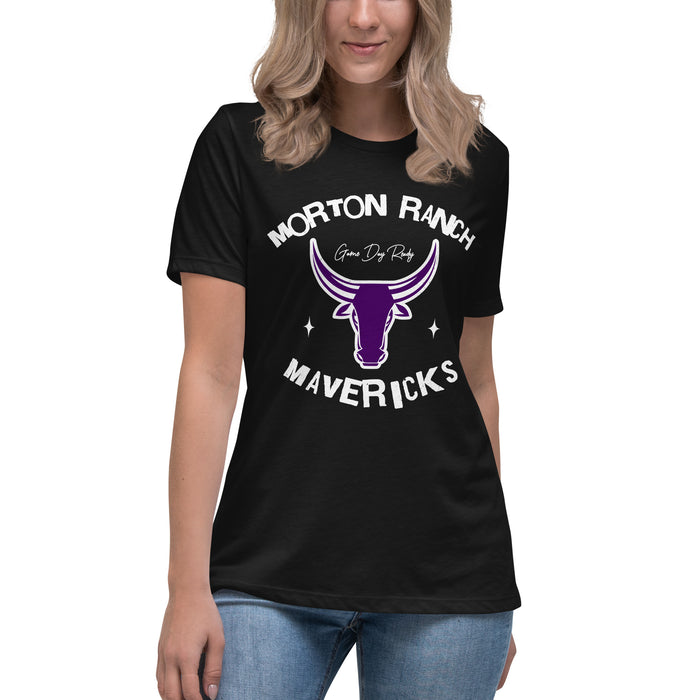 Student wearing Morton Ranch High School Mavericks Women's Relaxed Fit T-shirt 228