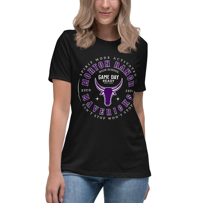 Lady wearing Morton Ranch High School Mavericks Women's Relaxed Fit T-shirt 214