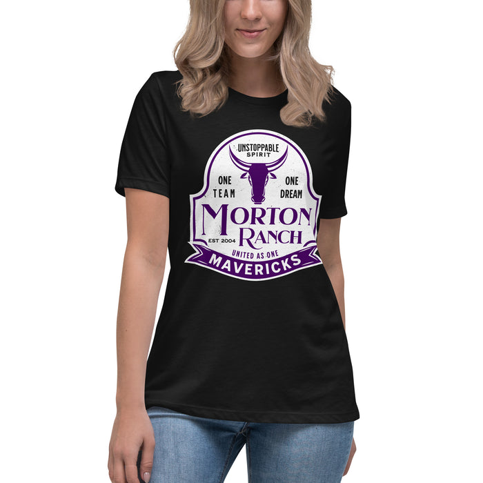 Young lady wearing Morton Ranch High School Mavericks Women's Relaxed Fit T-shirt 219