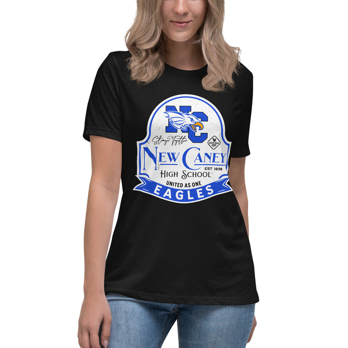 Lady wearing New Caney High School Eagles Women's Relaxed Fit T-shirt 219
