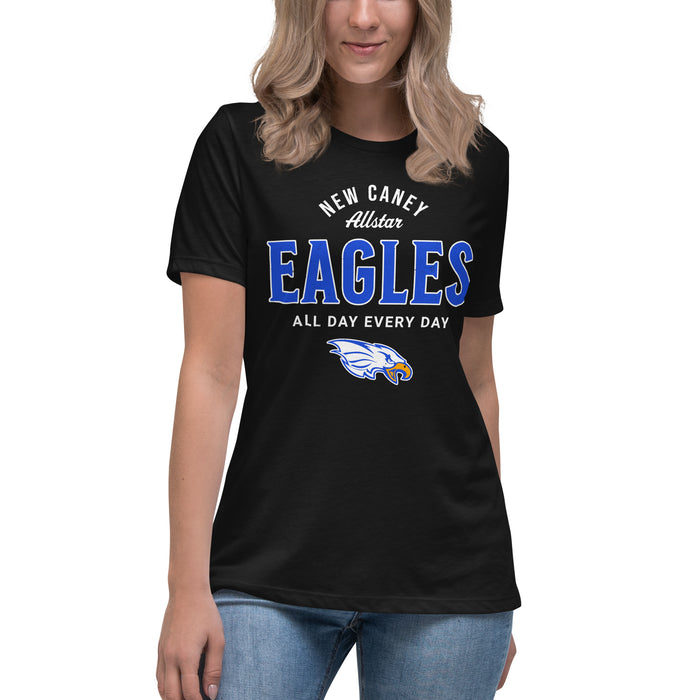 Young Lady wearing New Caney High School Eagles Women's Relaxed Fit T-shirt 040