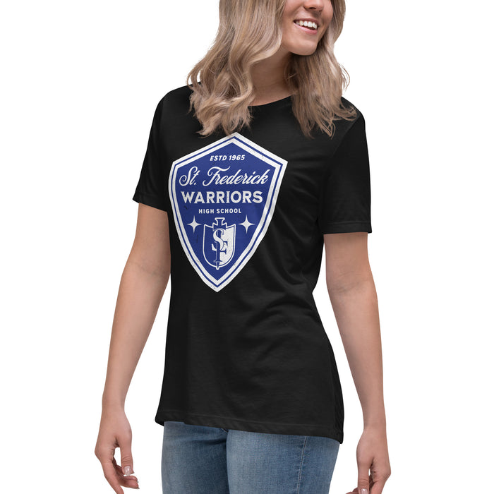 Side view of St. Frederick High School Warriors Women's Black T-shirt 225