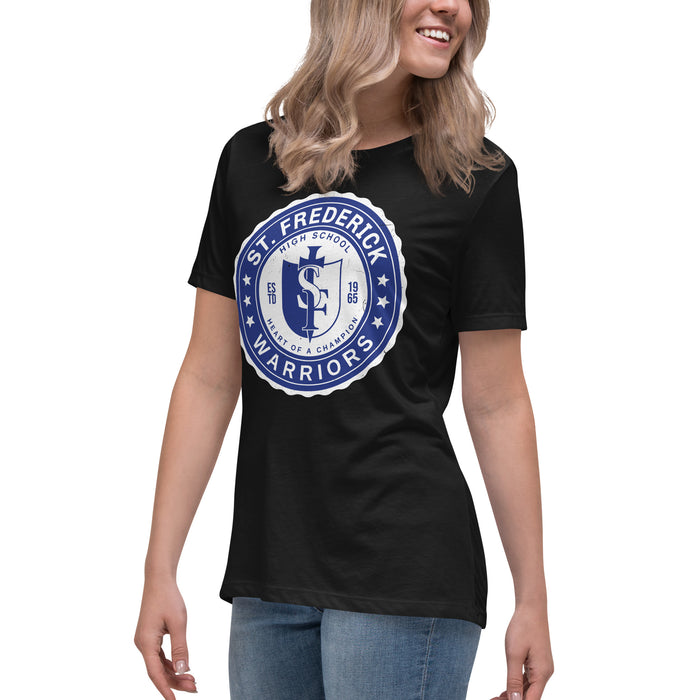 Side view of St. Frederick High School Warriors Women's Black T-shirt 216