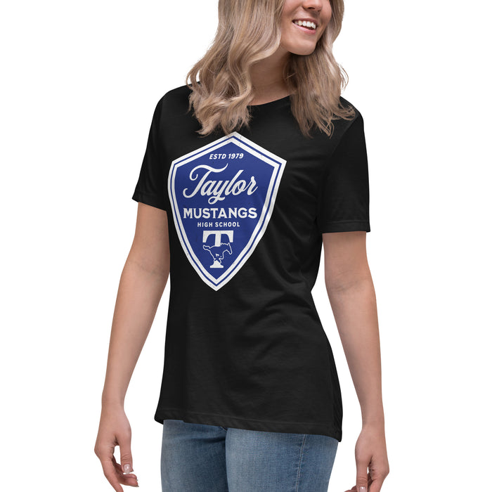 Side view of Taylor High School Mustangs Women's Black T-shirt 225