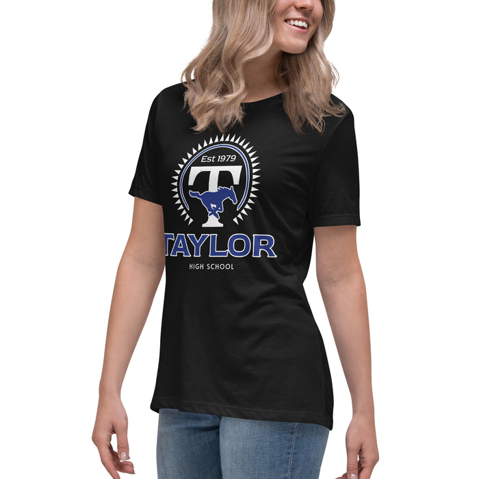 Side view of Taylor High School Mustangs Women's Black T-shirt 226