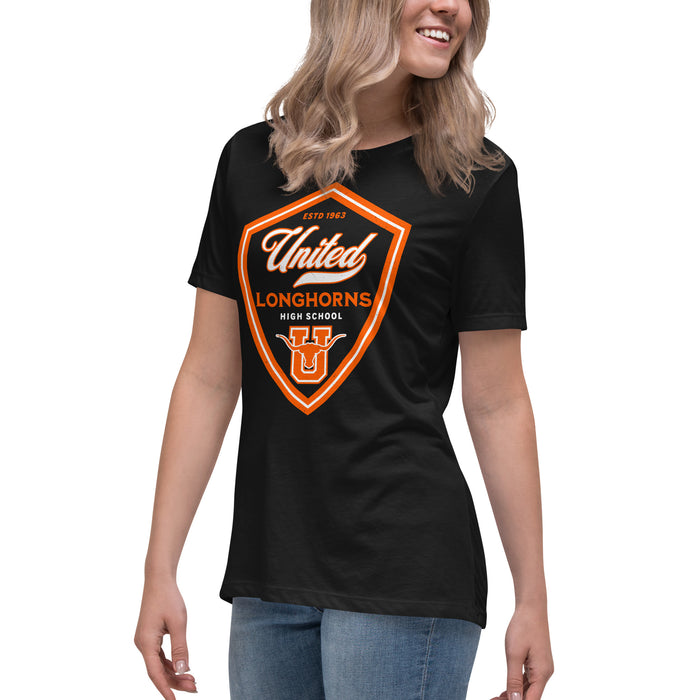 Side view of United High School Longhorns Women's Black T-shirt 225