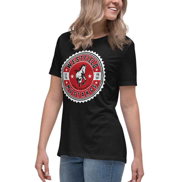 Side view of Westfield High School Mustangs Women's Black T-shirt 203