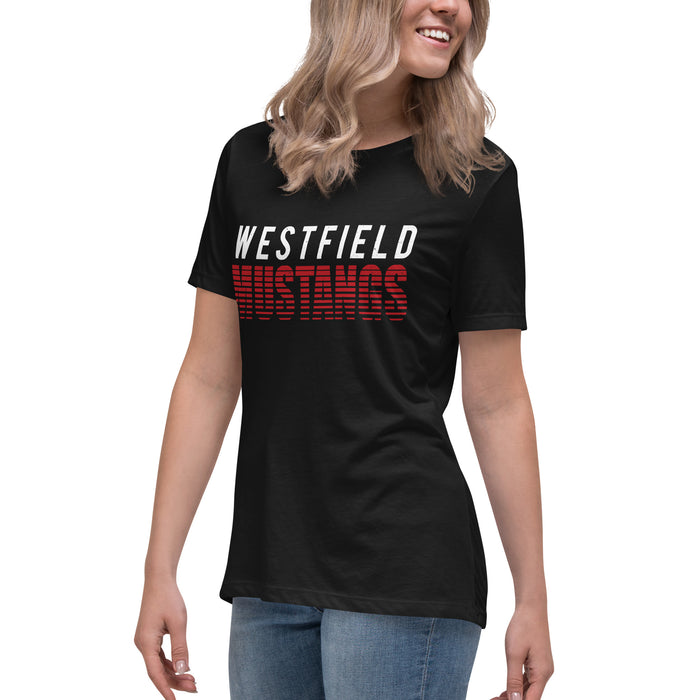 Side view of Woman wearing Westfield High School Mustangs Women's Black T-shirt 024