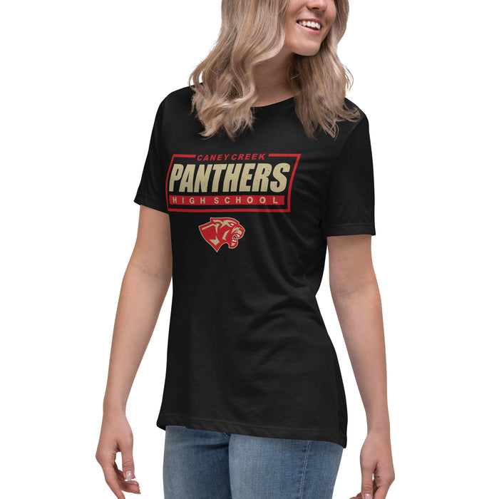 Side view of Caney Creek High School Panthers Women's Black T-shirt 049