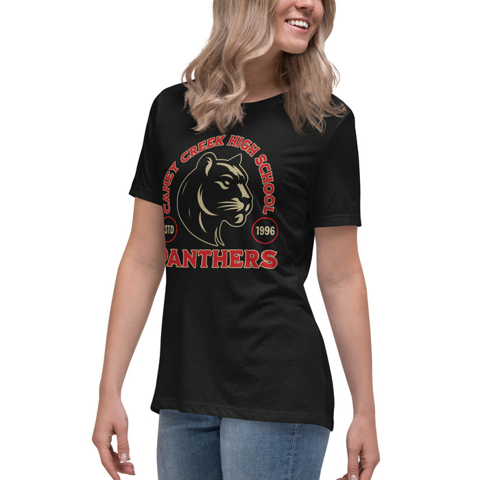 Side view of Caney Creek High School Panthers Women's Black T-shirt 208