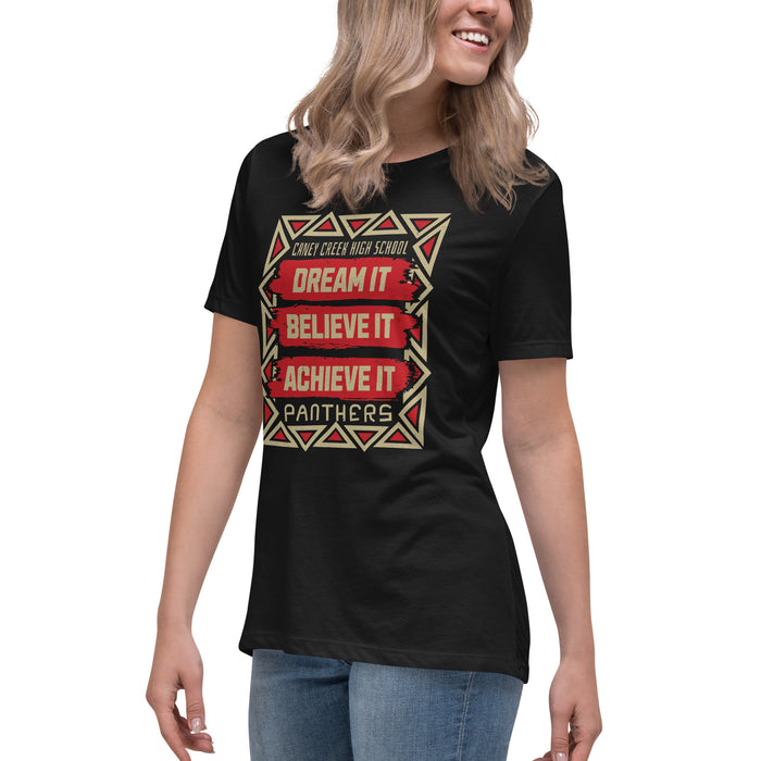 Side view of Caney Creek High School Panthers Women's Black T-shirt 229