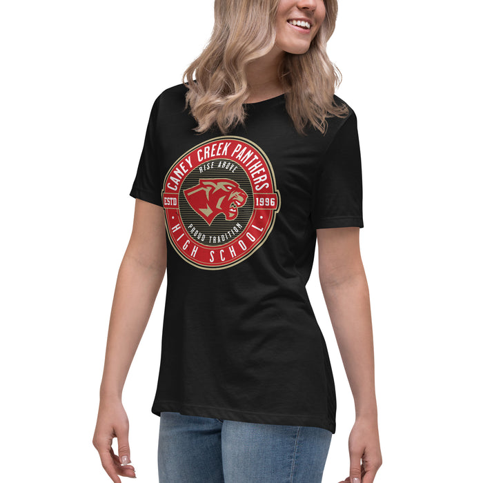 Side view of Caney Creek High School Panthers Women's Black T-shirt 224