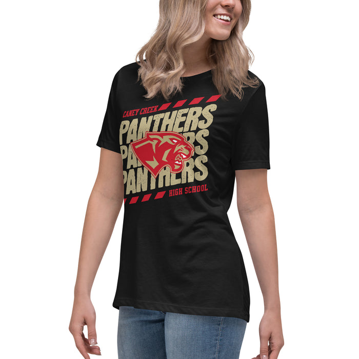 Side view of Caney Creek High School Panthers Women's Black T-shirt 230