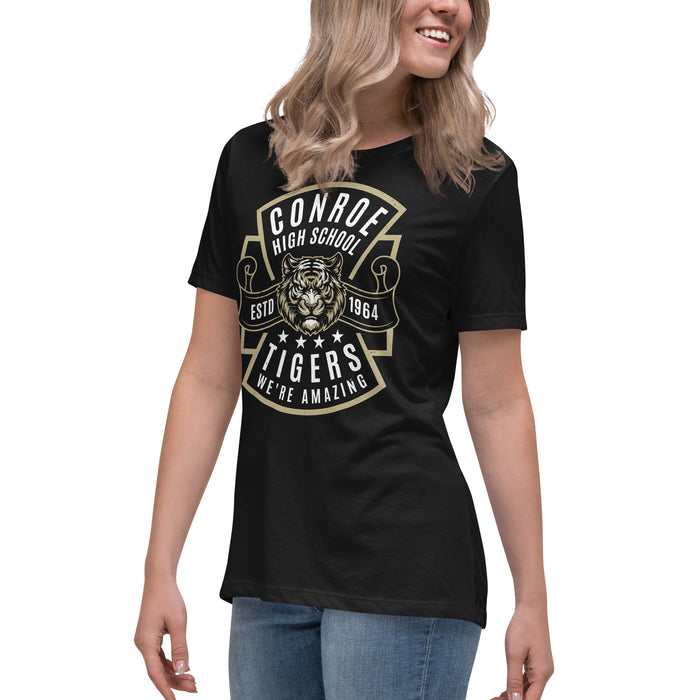 Side view of Conroe High School Tigers Women's Black T-shirt 207