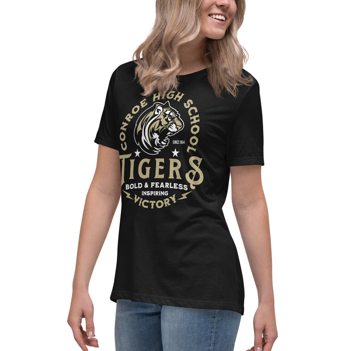 Side view of Conroe High School Tigers Women's Black T-shirt 206