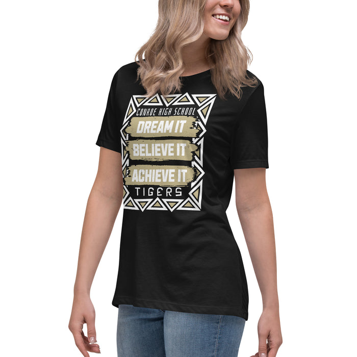 Side view of Conroe High School Tigers Women's Black T-shirt 228