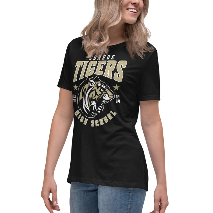 Side view of Conroe High School Tigers Women's Black T-shirt 213