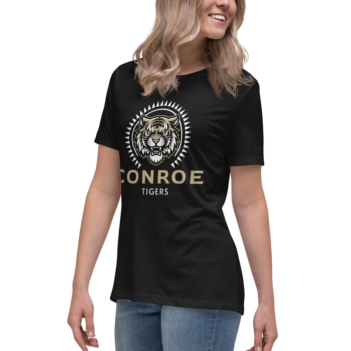 Side view of Conroe High School Tigers Women's Black T-shirt 226
