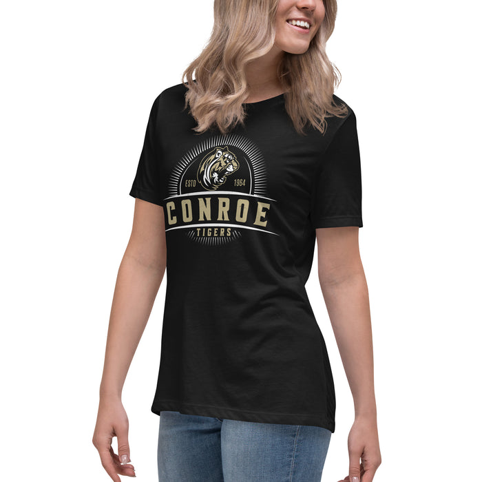 Side view of Conroe High School Tigers Women's Black T-shirt 221