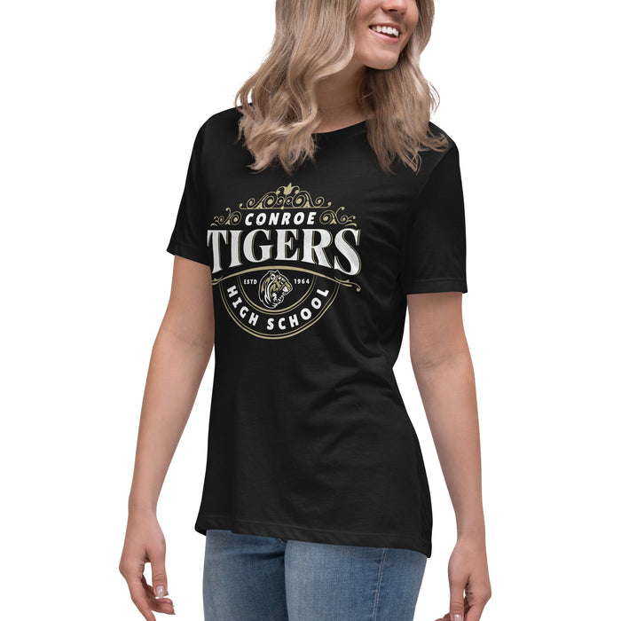 Side view of Conroe High School Tigers Women's Black T-shirt 211
